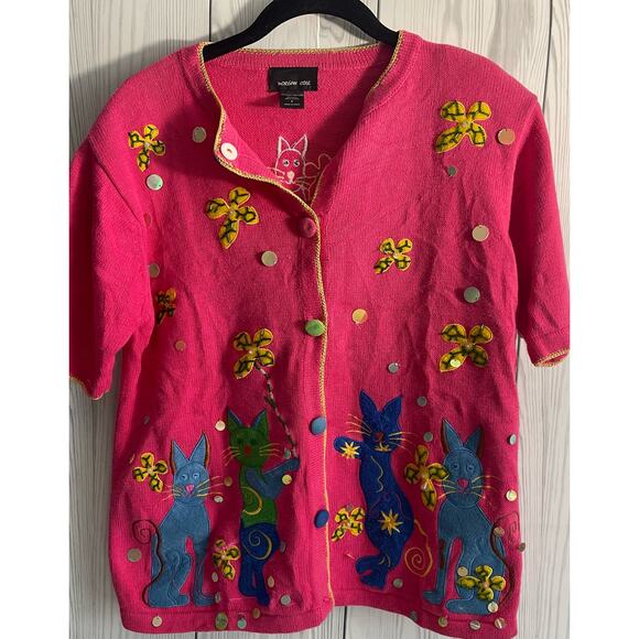 VTG Pink Cat Cardigan Morgan Cole with Embroidered Cats and Florals - Size Sm - Picture 2 of 7